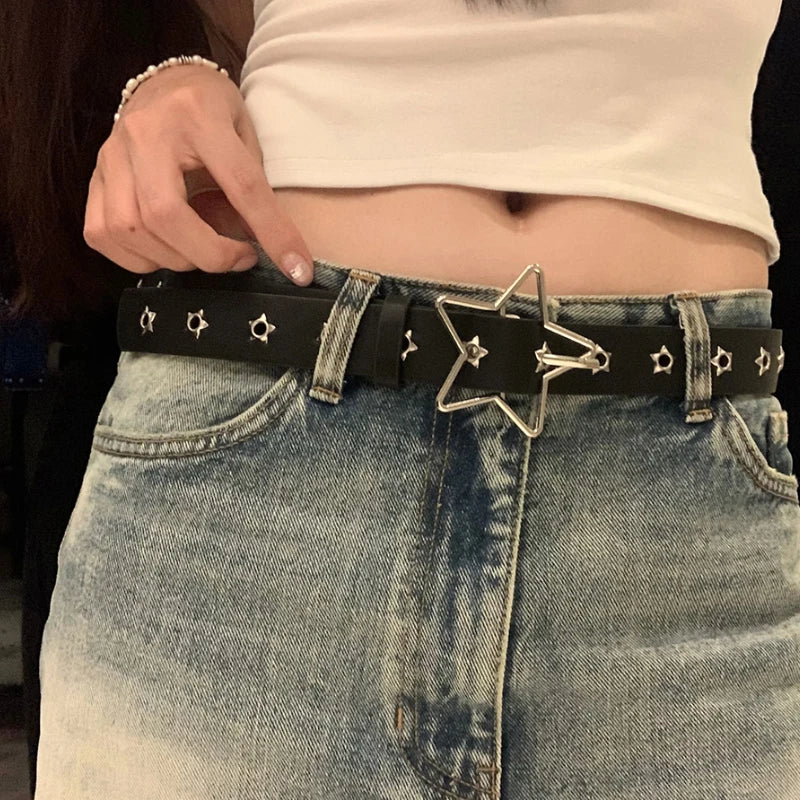 Y2K Punk Star Eyelet Black Rivet Belt Goth Pu Leather Belts for Women Jeans Pants Boys and Girls Students Belt