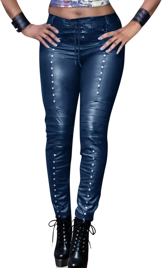 Women'S Faux Leather Leggings Gothic Punk Skinny PU Leather Pants Mid Rise Novelty Studded Tight Pants